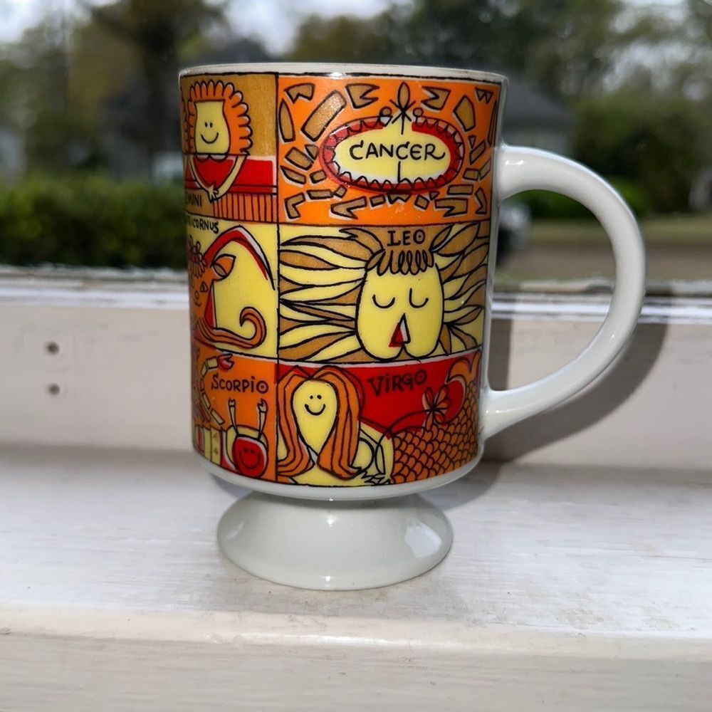 Vintage 60s kitschy orange & yellow Zodiac ceramic coffee cup made in Japan